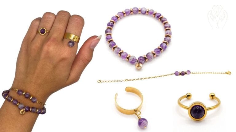 Schmuck aus Amethyst getragen