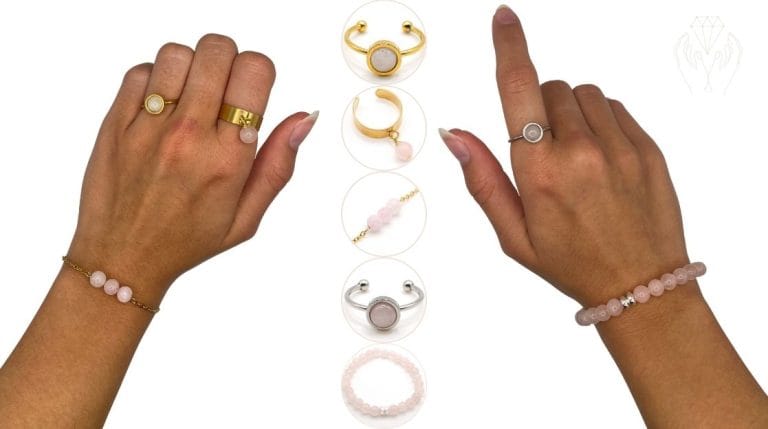 Schmuck aus Rosenquarz getragen